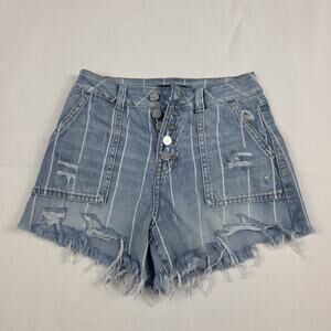 Sincerely Jules Women's Blue White Stripe Distressed Frayed Hem Denim Shorts
